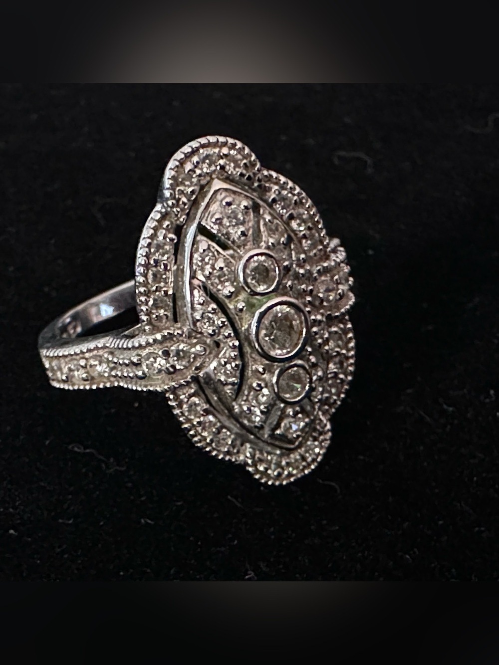 Vintage 925 Sterling Silver Art Deco Filigree Navette CZ Shield Ring 8.25